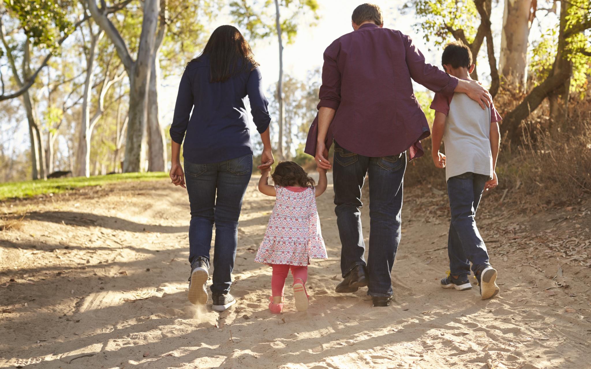 Vater, Mutter und 2 Kinder bei einem Spaziergang auf sandigem Boden und Wald. Alle 4 halten sich an der Hand und sind nur mit dem Rücken zu sehen